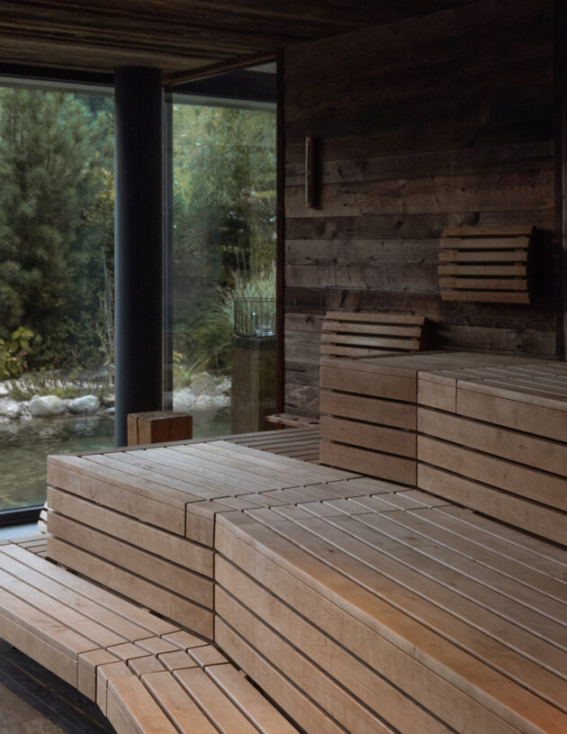 Sauna with wooden sitting bank